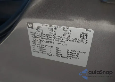 2010 Chevrolet Equinox Lt z USA, uszkodzony, nr VIN 2CNALDEW1A6415980